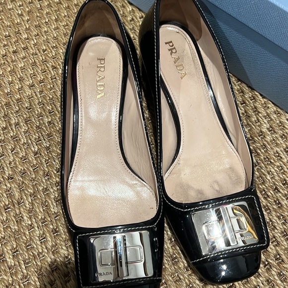 Prada Vernice Black Patent block heel pump w/silver buckle and 2 inch heel - Picture 12 of 13